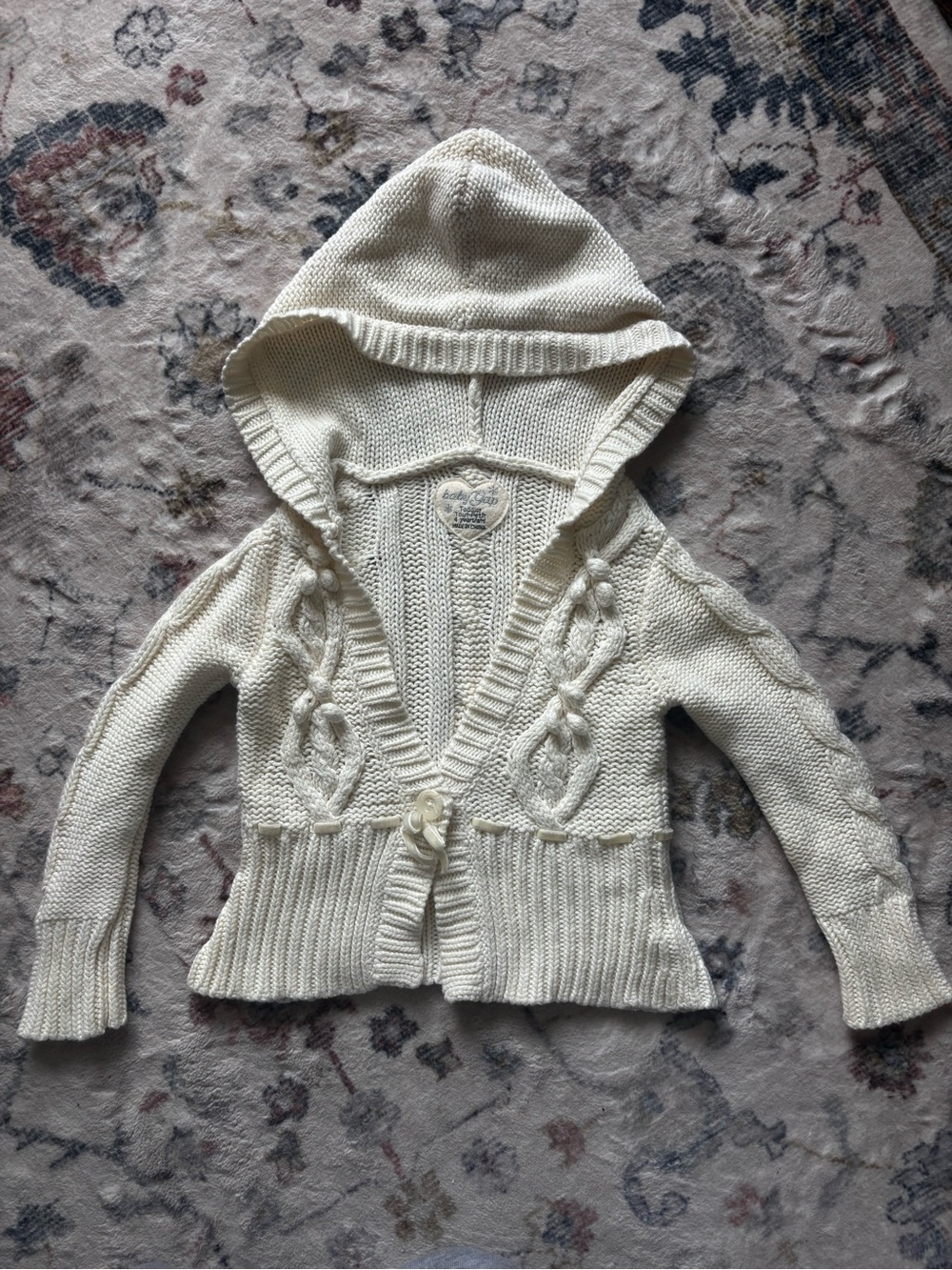 Vintage Y2K girls baby gap Cream Hooded Cable-Knit cropped Sweater Cardigan